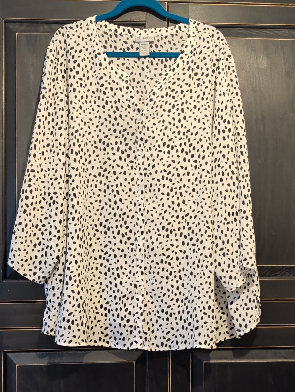 Catherines White Button-Front Blouse with Black Dot Print -4x